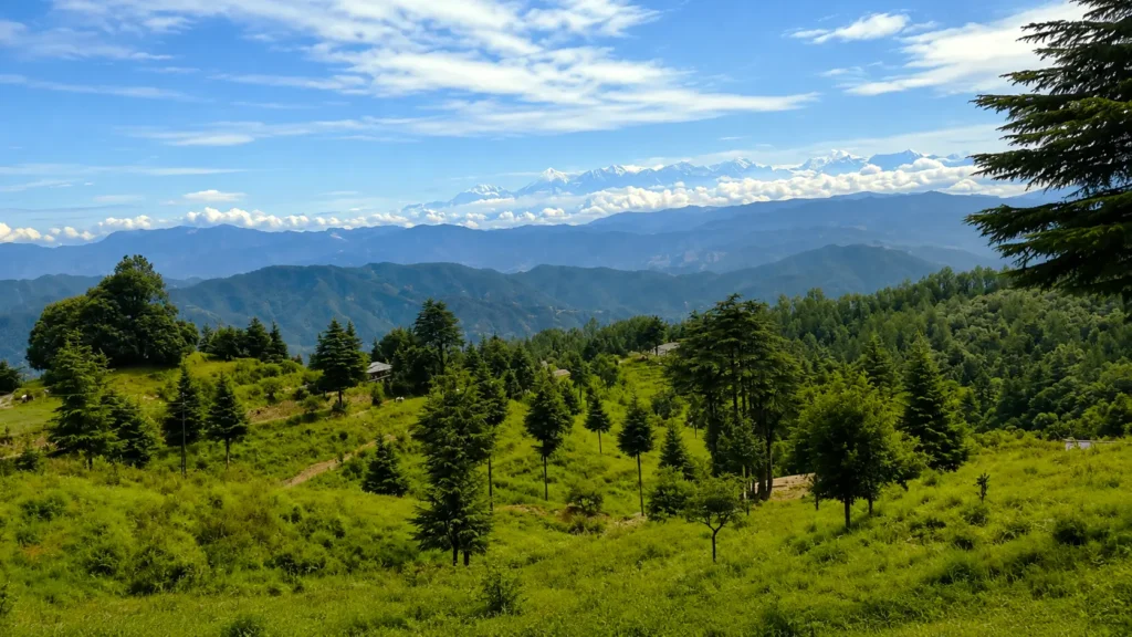 Panoramic Himalayan snow peaks view from Shitalakhet Uttarakhand